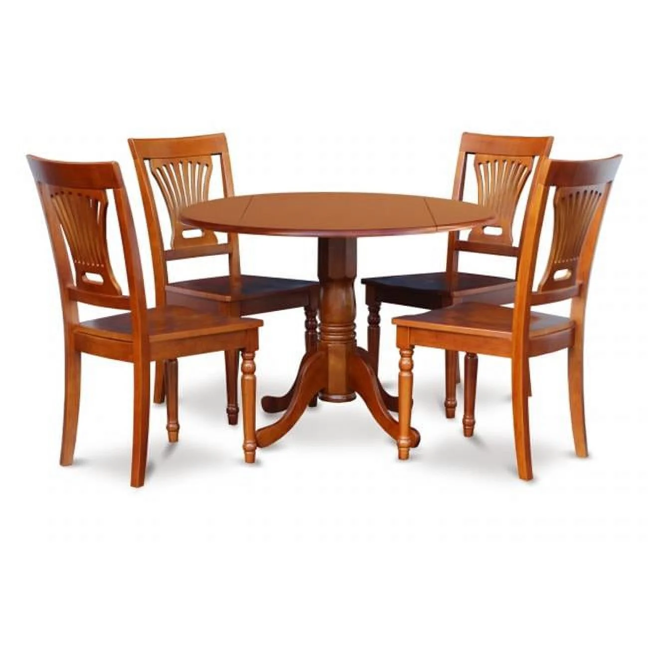 East West Furniture DLPL5-SBR-W 5PC Kitchen Round Table with 2 Drop Leaves and 4 Plainville chairs with wood Seat