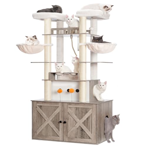 Heybly Cat Tree for Maine Coon with Litter Box Enclosure, 72-inch Wooden Cat Tower for Indoor Cats Large Adult, Big Condo with Food Station, Baskets