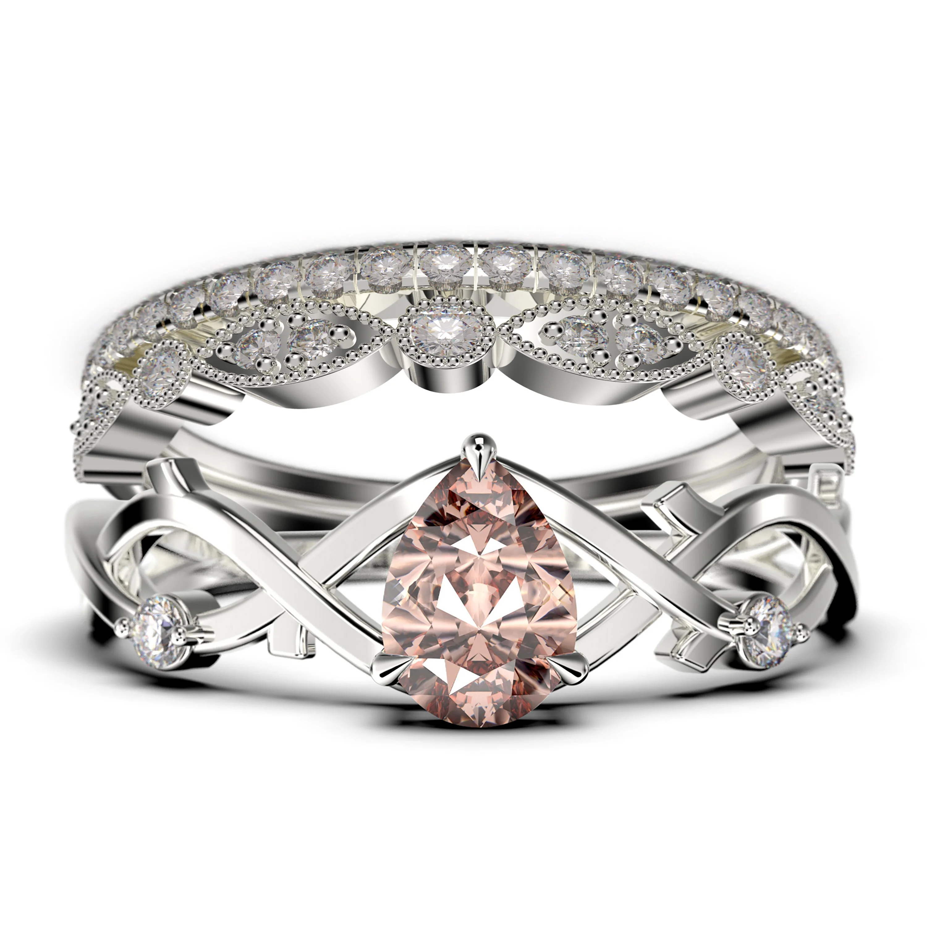 Boho & hippie 2.10 Carat Pear Cut Morganite And Diamond Moissanite Unique Engagement Ring, Wedding Ring
