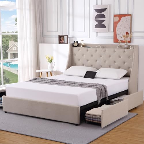 Full Size Bed Frame with Charging Station,Upholstered Platform Bed with Button Tufted Storage Headboard Wingback and 4 Storage Drawers