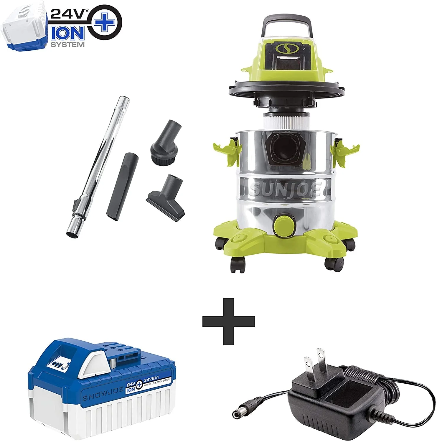Sun Joe 24V Cordless Stainless Steel 5.3-gal Wet + Dry Vacuum, 4.0-Ah Battery & Charger
