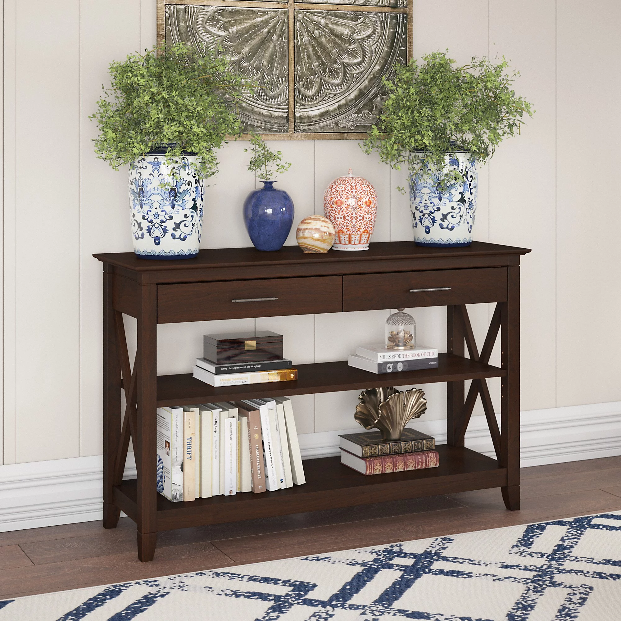 Bush Furniture Key West Console Table with Drawers and Shelves in Bing Cherry