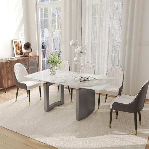 Modern Rectangle Marble Dining Table Set for 6-8,79" White Sintered Stone Top Dining Table with Hollow Metal Base and Straight Edge