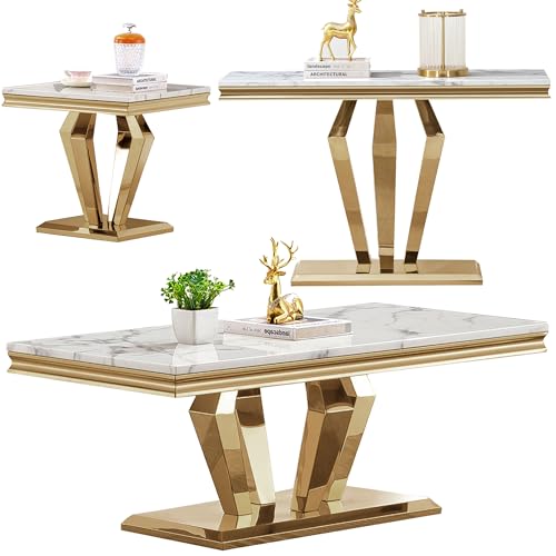 4 Piece Living Room Table Set, Faux Marble Coffee Table, Gold Console Table and 2 Gold End Tables