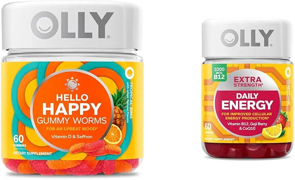 OLLY Hello Happy Gummy Worms, Mood Balance Support, Vitamin D, Saffron, Adult Chewable Supplement & Extra Strength Daily Energy Gummy, Caffeine Free