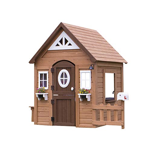 Backyard Discovery Aspen Cedar Wooden Kids Playhouse Cottage with Play Kitchen, Snack Bar, Picnic Bench, Dinner Bell, Mailbox, Dutch Door