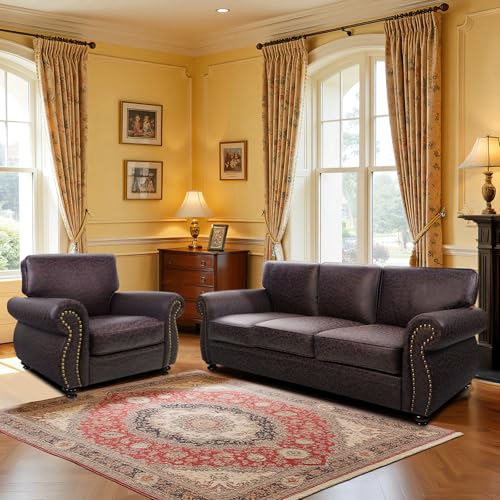 Mid-Century Vintage Sofa Couches with Rivet Design,3-Seater Sofa,Removable Sofa Cover Upholstered Cushions and Solid Wood Frame (Brown, 3-Seater)