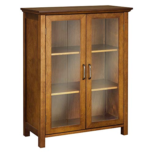 Teamson Home Avery Wooden Freestanding Floor Cabinet with 2 Adjustable Shelves 3 Storage Spaces 2 Glass Paneled Doors and 2 Antique Brass Knobs