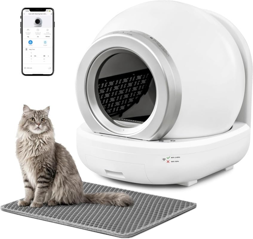 Greesum Self Cleaning Automatic Cat Litter Box, Litter Robot for Multiple Cats, Safe/APP Control/Low Noise Litter Box with Mat and 2 Roll Garbage Bags