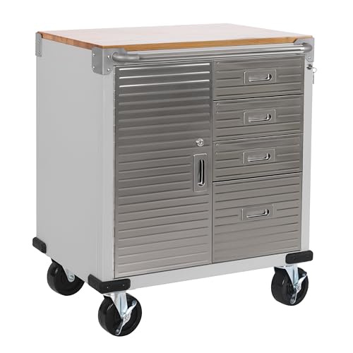 Seville Classics UltraHD Heavy Duty Rolling Cabinet Workbench Table w/Solid Wood Top Workstation for Garage, Warehouse, Office, Workshop, 34.5" H