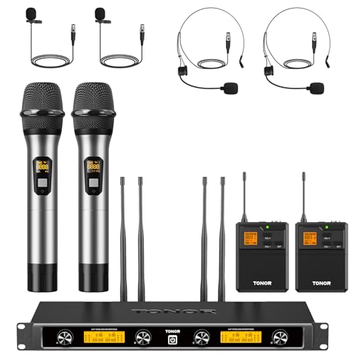 TONOR UHF Wireless Microphones System with Metal Cordless Handheld/Headset/Lavalier Lapel Mics, Bodypack Transmitter, Receiver