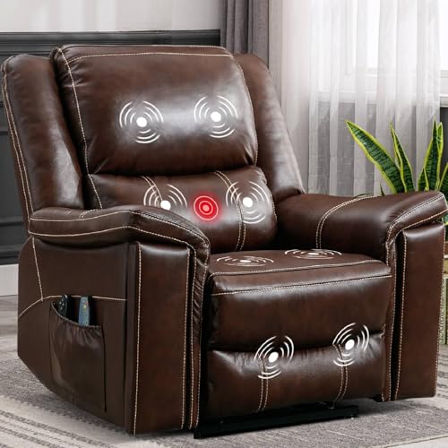 CANMOV Large Genuine Leather Power Lift Recliner Chair for Elderly, Lay Flat Dual Motor Recliner with Massage and Heated