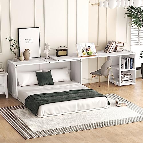 Murphy Bed with Storage Drawer, Easy Fold Wood Murphy Bed Queen with Side Little Shelves