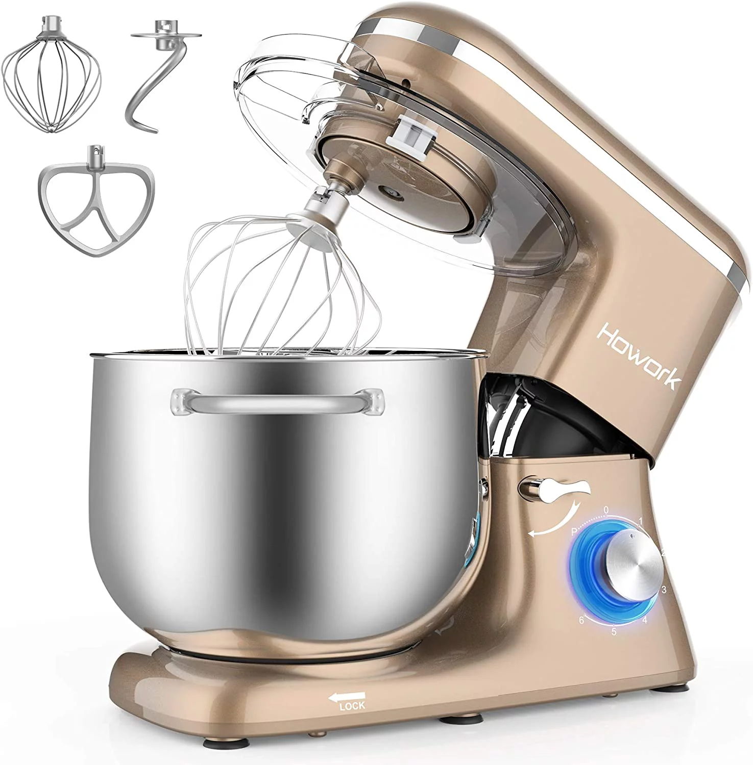 HOWORK Stand Mixer, 8.45 QT Bowl 660W Food Mixer, Multi Functional Kitchen Electric Mixer With Dough Hook, Whisk, Beater (8.45 QT, Champagne Gold)