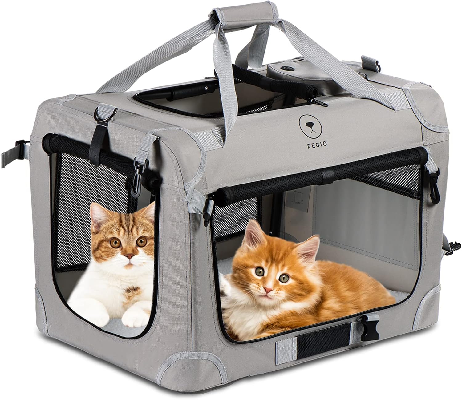 Extra Large Soft Sided Folding Cat Carrier, PEGIC 3-Doors of Collapsible Ventilated Comfortable Design Portable Vehicle for Traveling