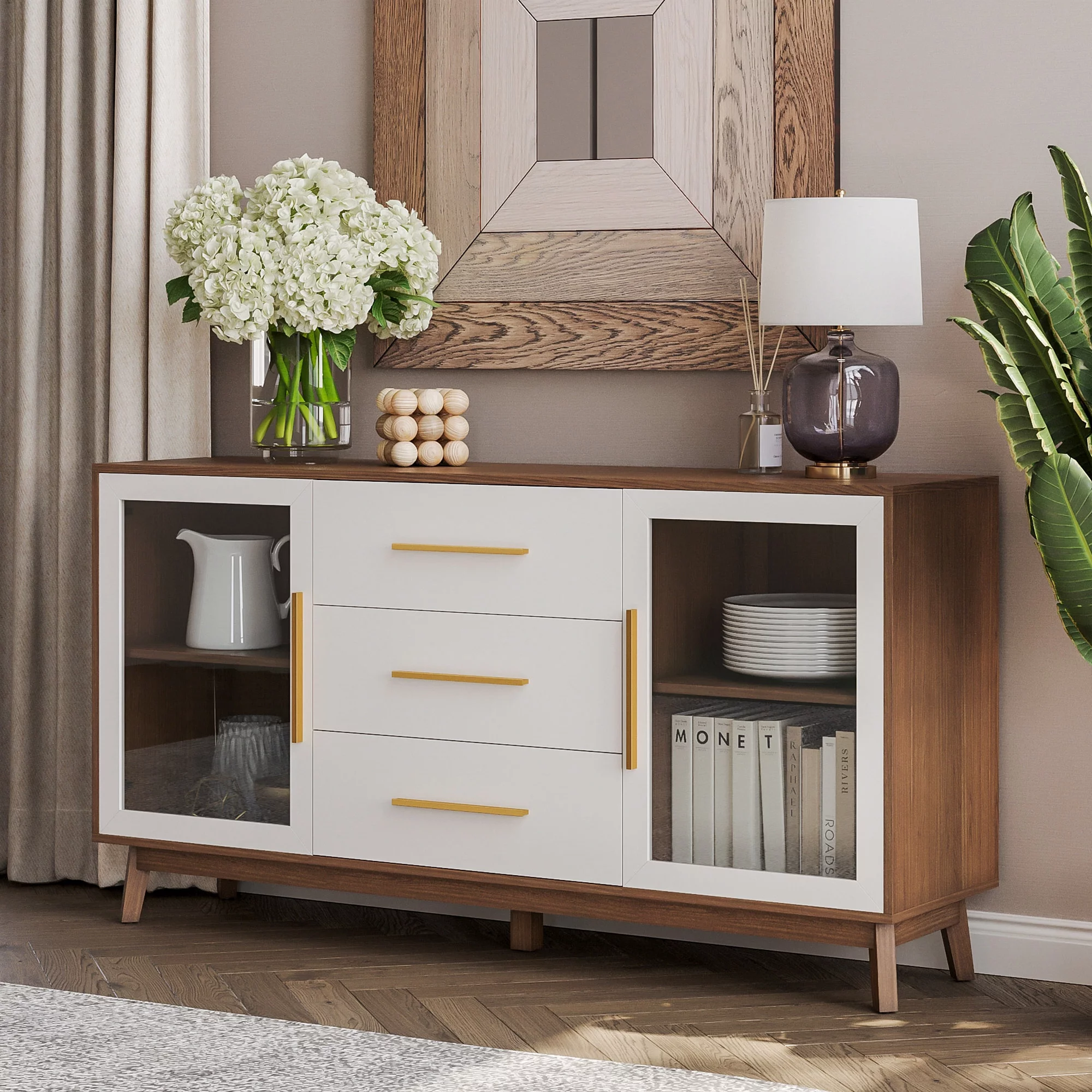 BELLEZE Modern Sideboard, Sideboard Buffet Cabinet with 3 Drawers & 2 Doors, Accent Cabinet for Dining Room, Hallway, Bedroom, or Kitchen