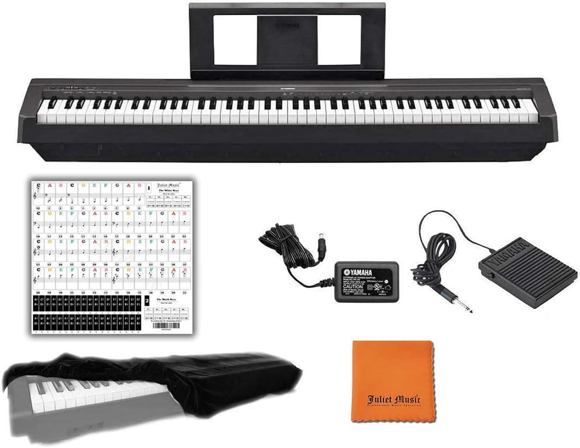 Yamaha P45B Black 88 Weighted Keys Digital Piano keyboard Bundle with Juliet Music Piano Dust Cover, Polish Cloth and Piano Key Sticker (P45 B)