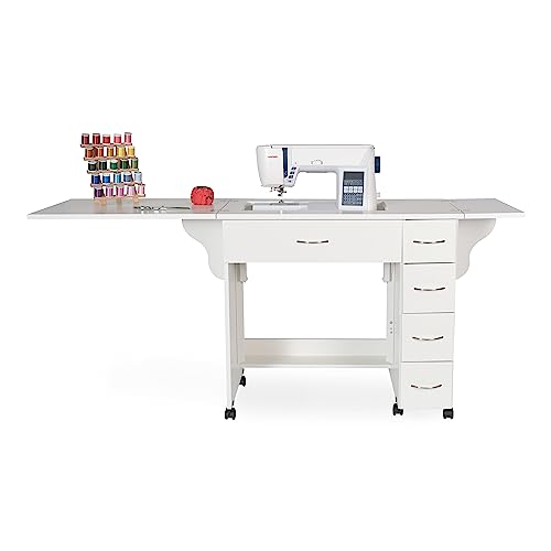 Arrow Classic Sewing Furniture Alice Compact Mid-Size Sewing Cabinet with Hydraulic Machine Lift, Drawers, Expandable Leaves, Locking Wheels