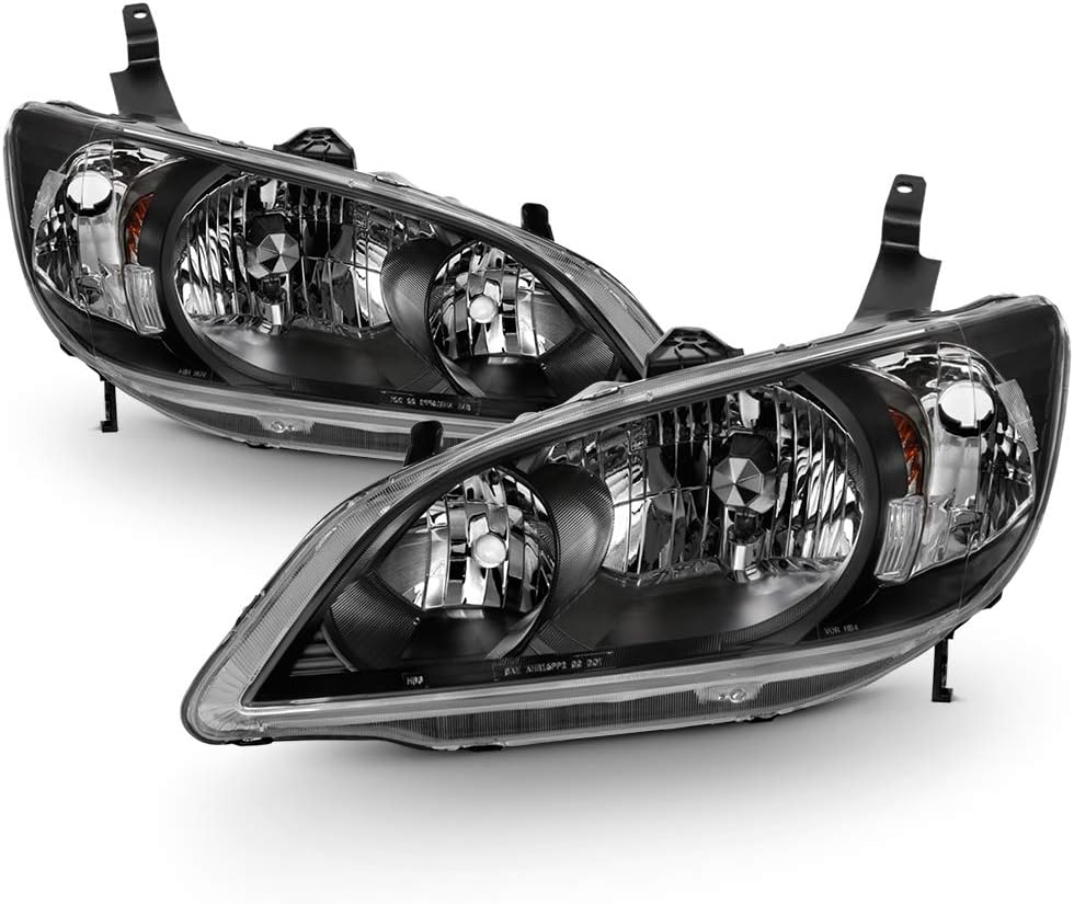 ACANII - For 2004-2005 Honda Civic 2/4 Door Headlights JDM Black Headlamps Set Replacement Driver & Passenger Side