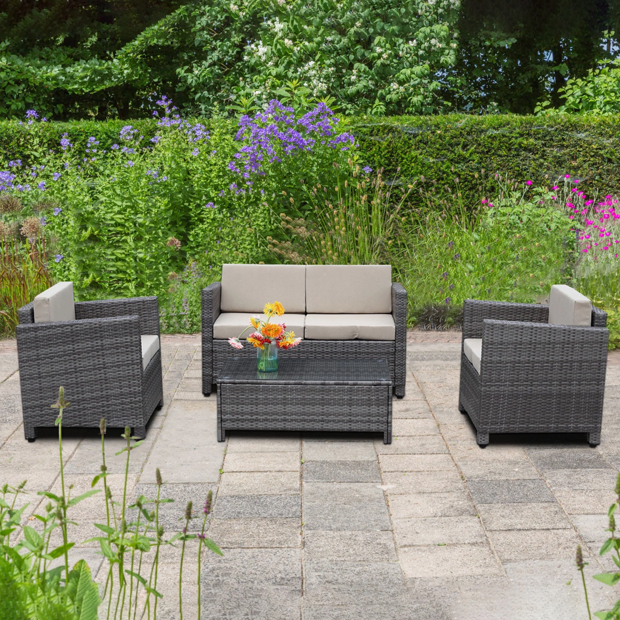 Superjoe Outdoor Patio Furniture Set 5 Pcs Conversation Set Wicker Sectional Sofa Steel Frame Chair and Table Gray Rattan Beige Cushions
