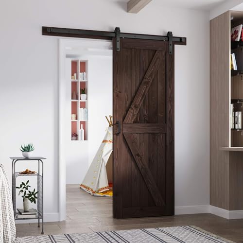 FREDBECK 36in x 84in Brown Barn Door with 6.6ft (79inch) Barn Door Hardware Track Kit and Handle Included, Double Surfaces