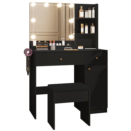 Vanity Desk with Mirror and Lights Dimmable LED Makeup Table with Drawers Side Cabinet 3 Storage Shelves Power Outlet Dressing Table Set Include