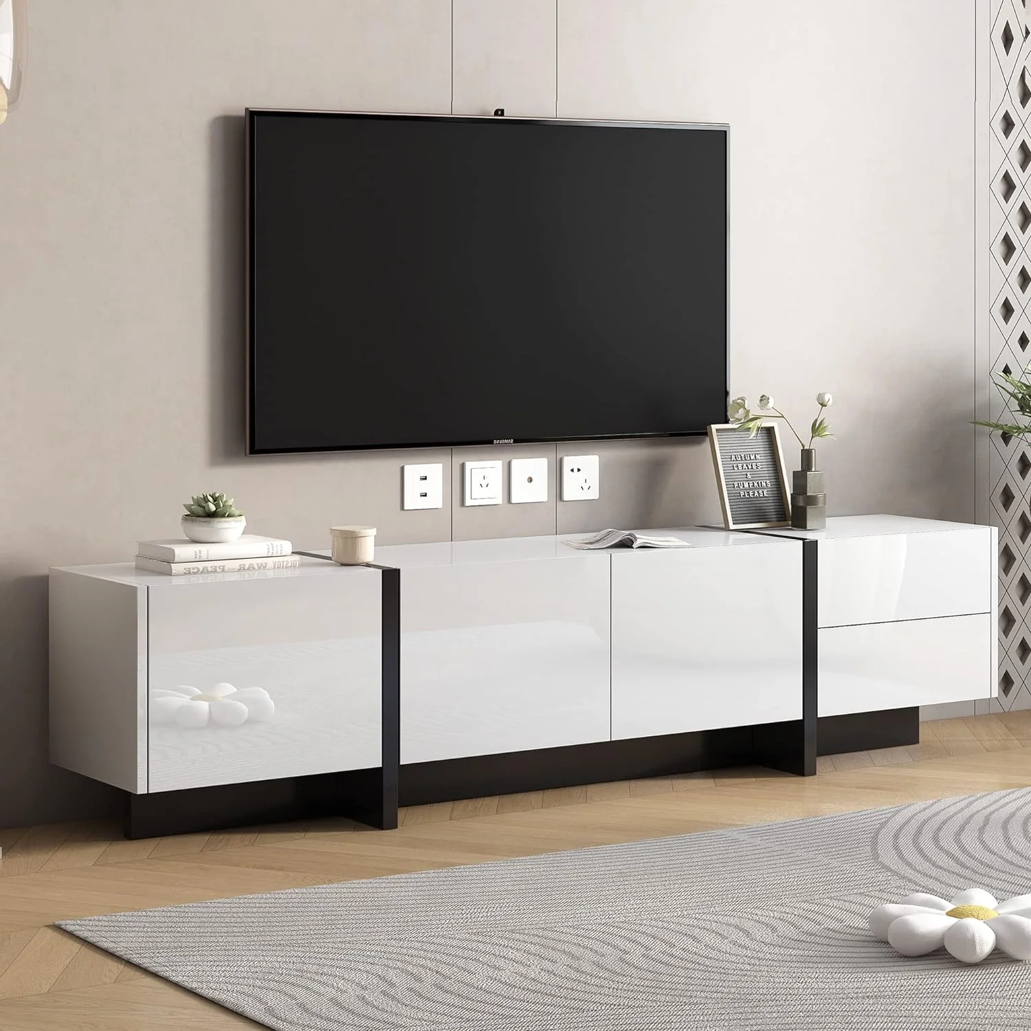 White Black Contemporary Rectangle Design TV Stand, Unique TV Console Table For Tvs Up To