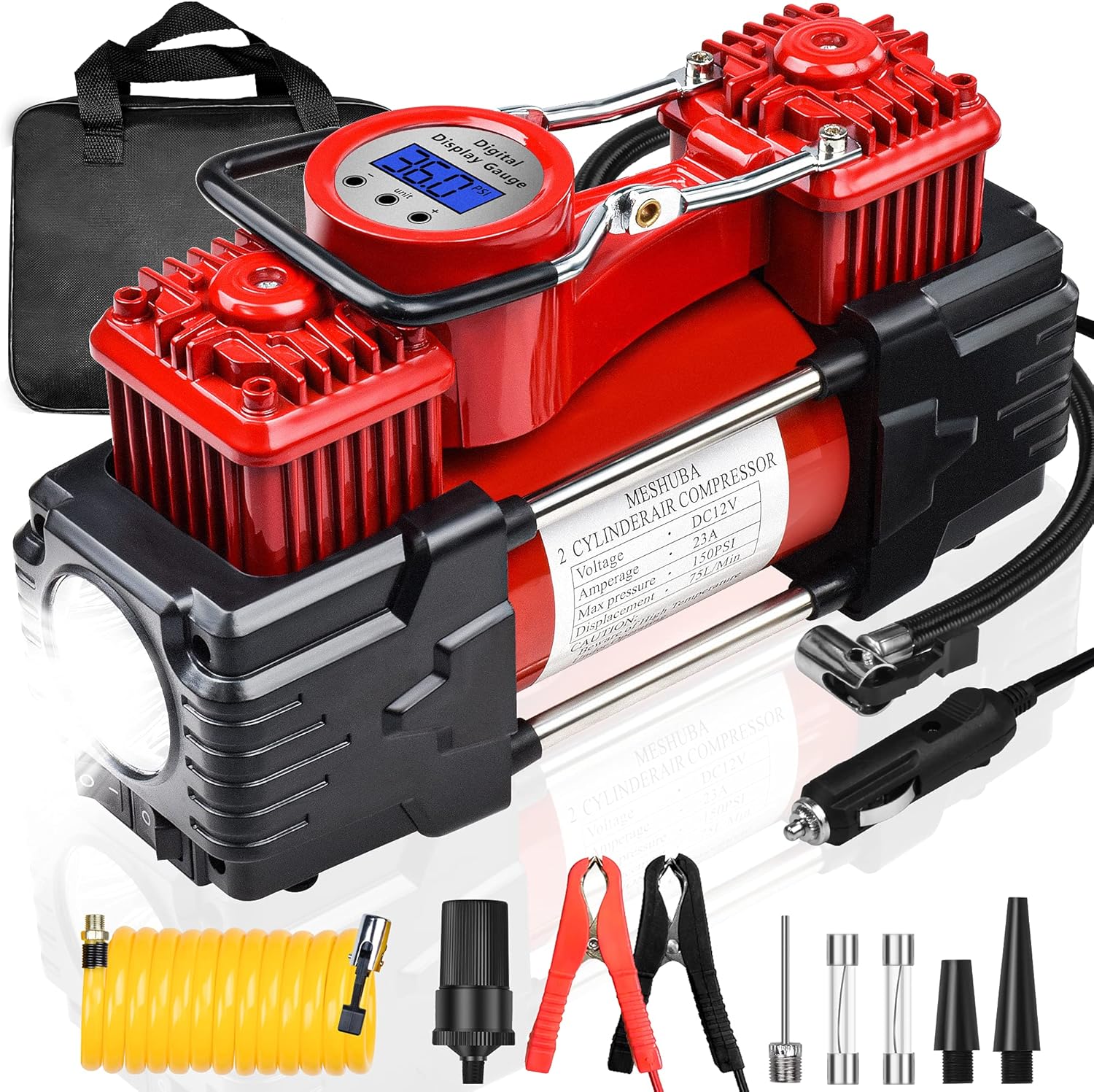 MESHUBA Double Cylinder Air Compressor Portable Heavy Duty Tire Inflator with Digital Gauge and Emergency LED Light 12V DC Car Pump Auto Shut-off for
