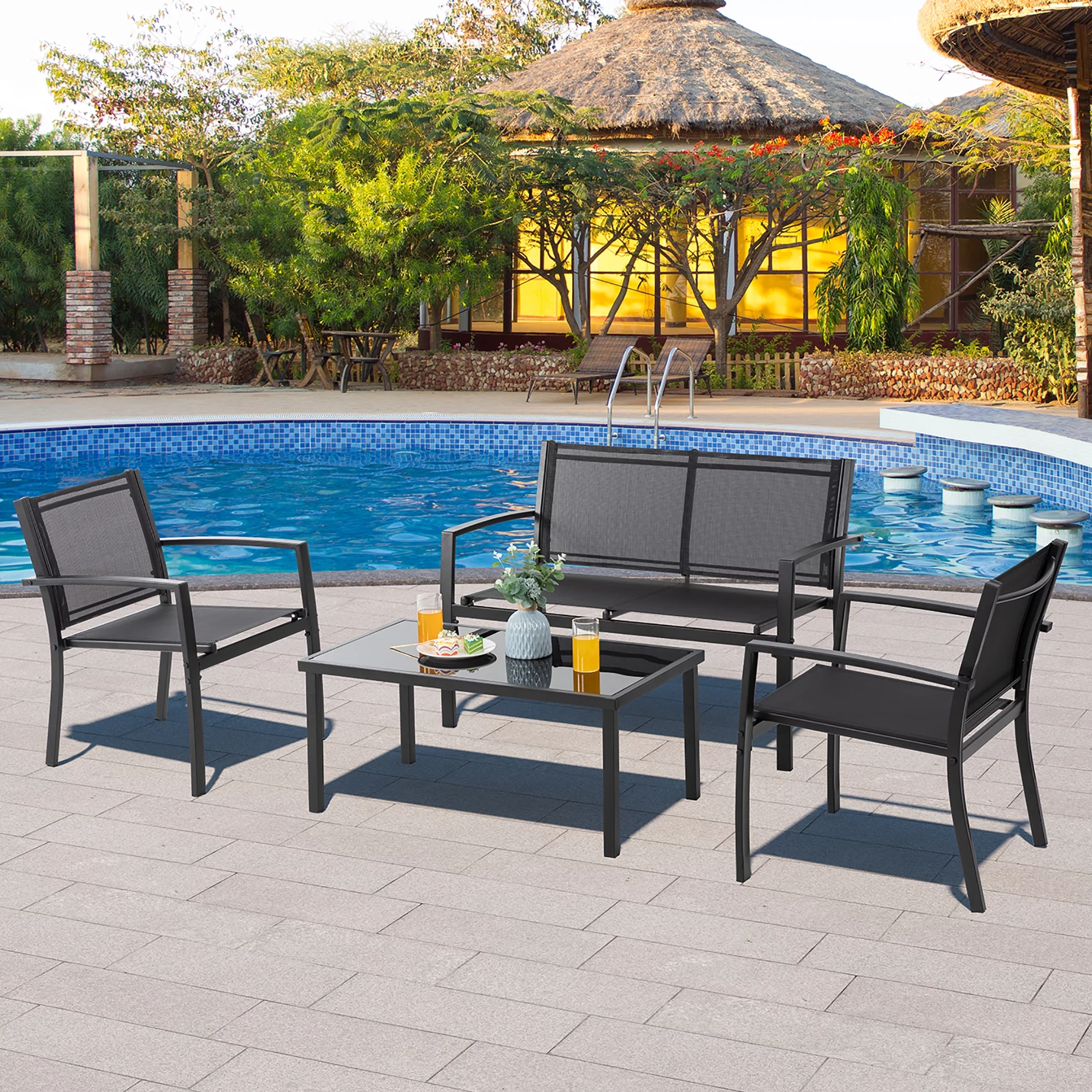 Sobaniilo 4 Pieces Patio Furniture Set Textilene Conversation Set Bistro Set for Lawn and Balcony, Black