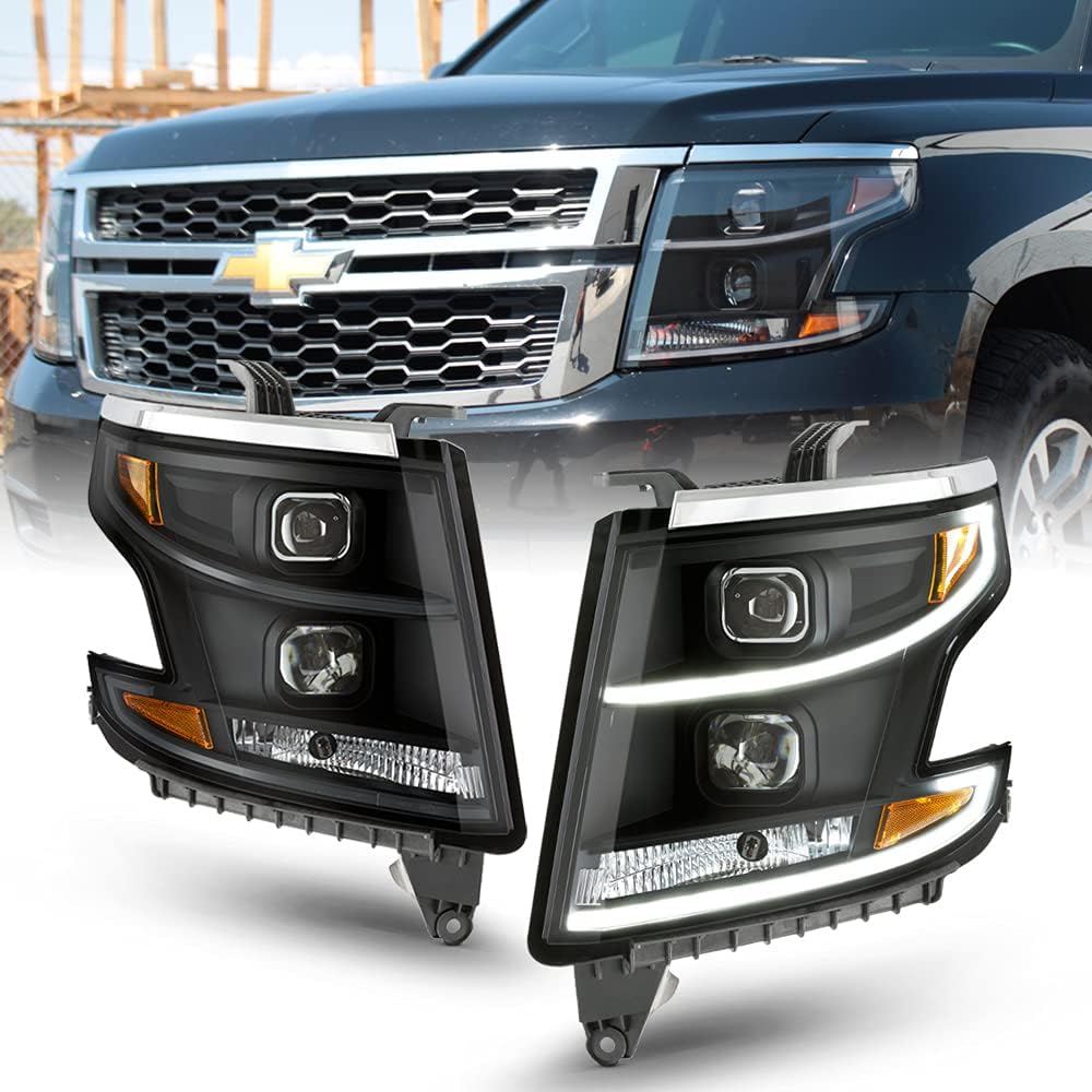 ACANII - For [Halogen Model] Black Housing Smoked Lens 2015-2017 Chevy Tahoe Suburban LED Tube Dual Projector Headlights