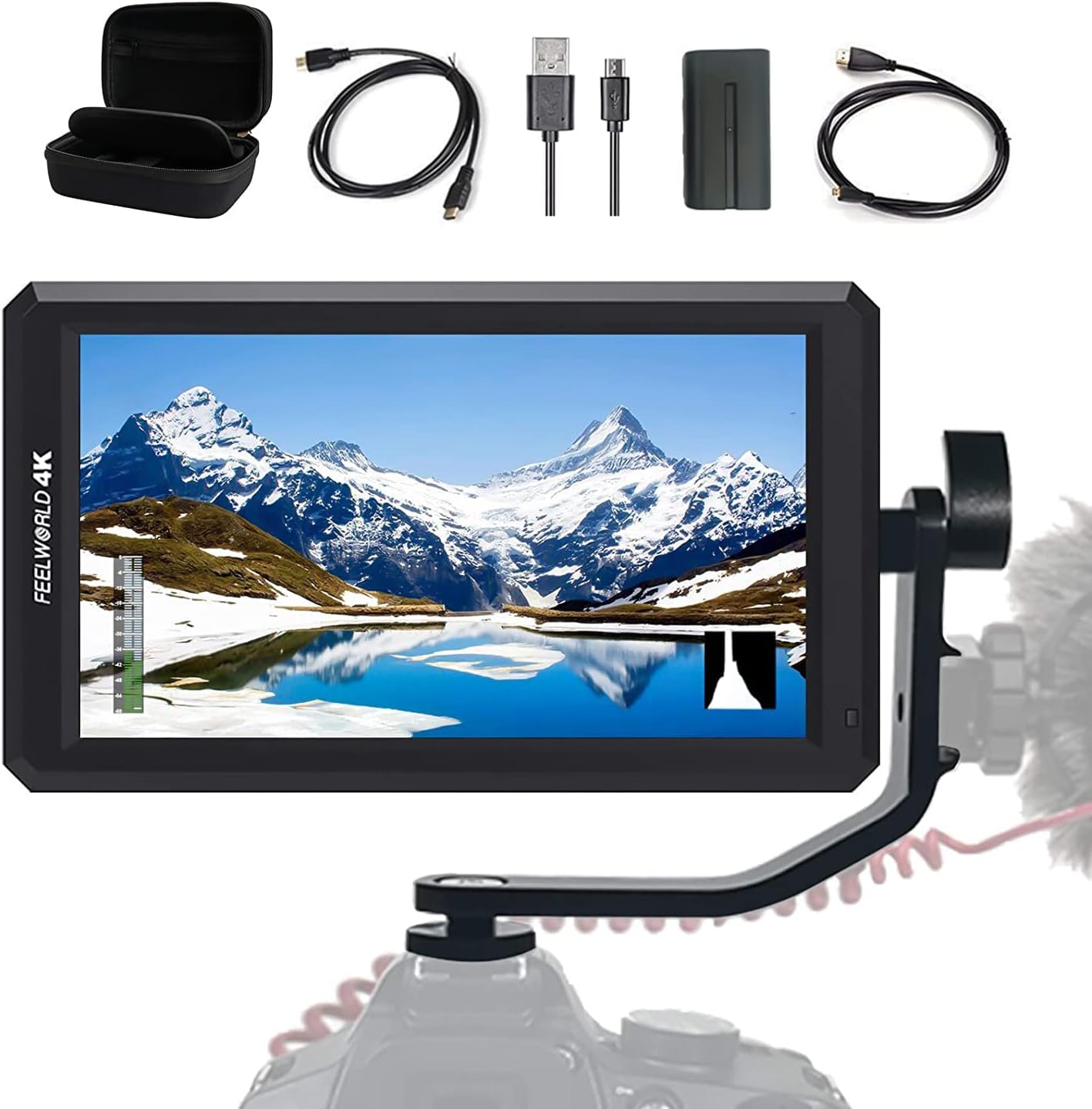 FEELWORLD F6+Battery+ Integrated Battery Charger + Micro&Mini HDMI Cords 5.7Inch FHD IPS On Camera 4K HDMI Monitor with Swivel Arm and 8V DC Power