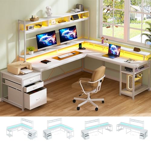 EnHomee Large L Shaped Gaming Desk with Hutch and Drawers, 64" W Reversible Computer Desk with Storage Shelves