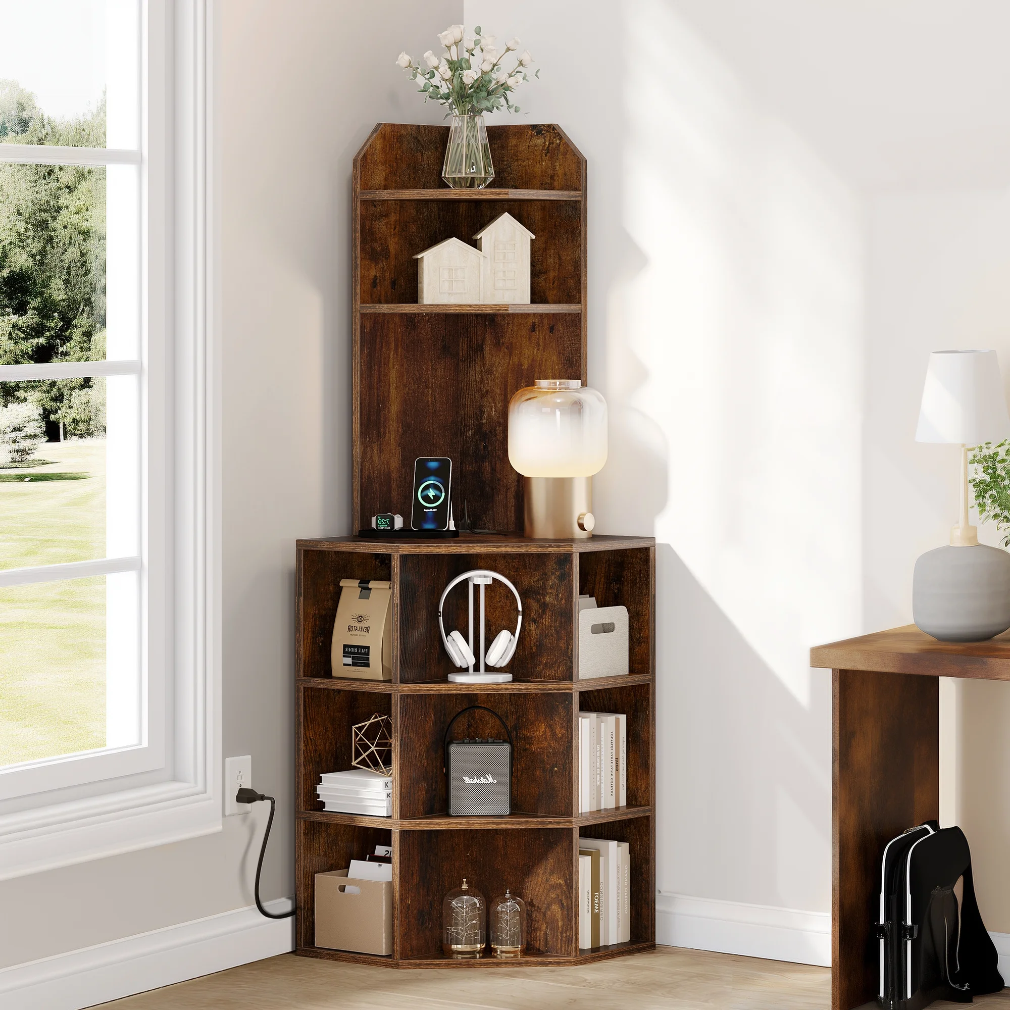 Dextrus 5-Tier Corner Shelf with USB Ports and Outlets, Corner Bookshelf Bookcase Display Shelves Rack Storage Corner Bar Cabinet for Living Room
