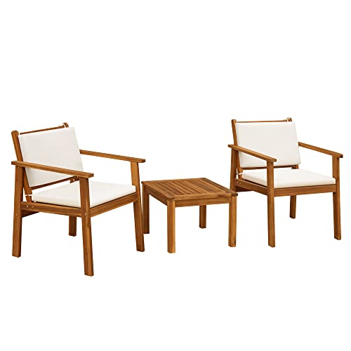 Flamaker Patio Chairs 3 Piece Acacia Wood Patio Furniture with Coffee Table & Cushions Outdoor Conversation Set Balcony Chairs for Porch, Deck
