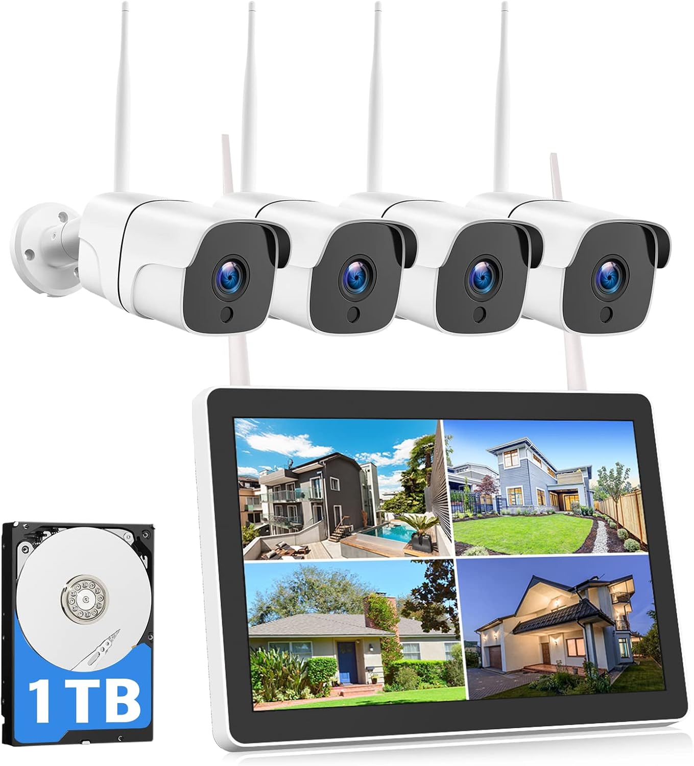 All in One 1080P Wireless Security Camera System with 1TB Hard Drive & 12 Monitor