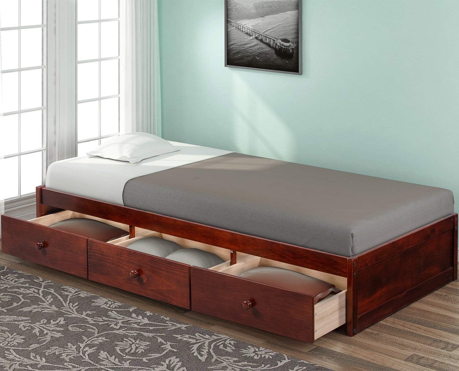 Twin Bed with Storage Platform Bed with 3 Drawers Captain Bed Frame (Espresso)