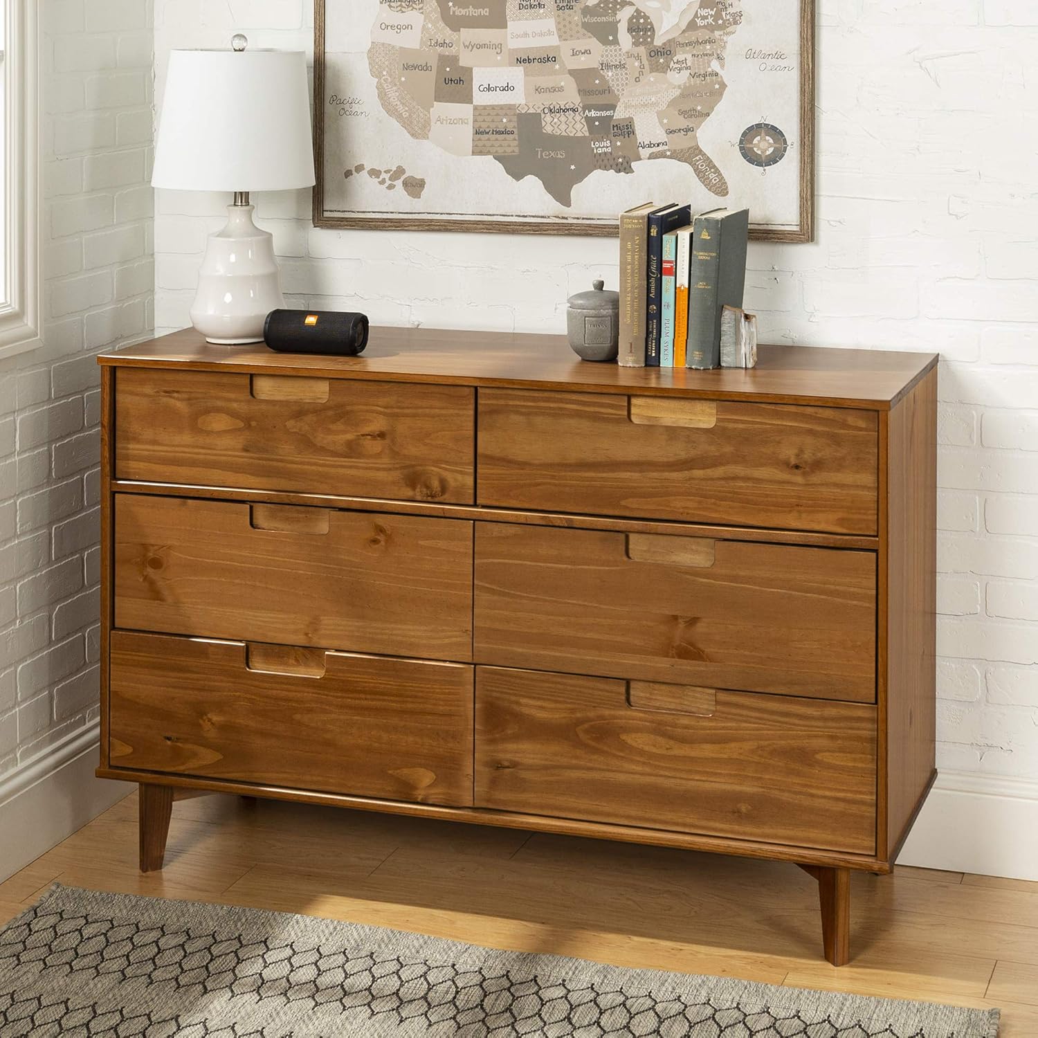 Walker Edison Mid Century Modern Grooved Handle Wood Dresser Bedroom Storage Drawer Organizer Closet Hallway, 6 Drawer, Caramel