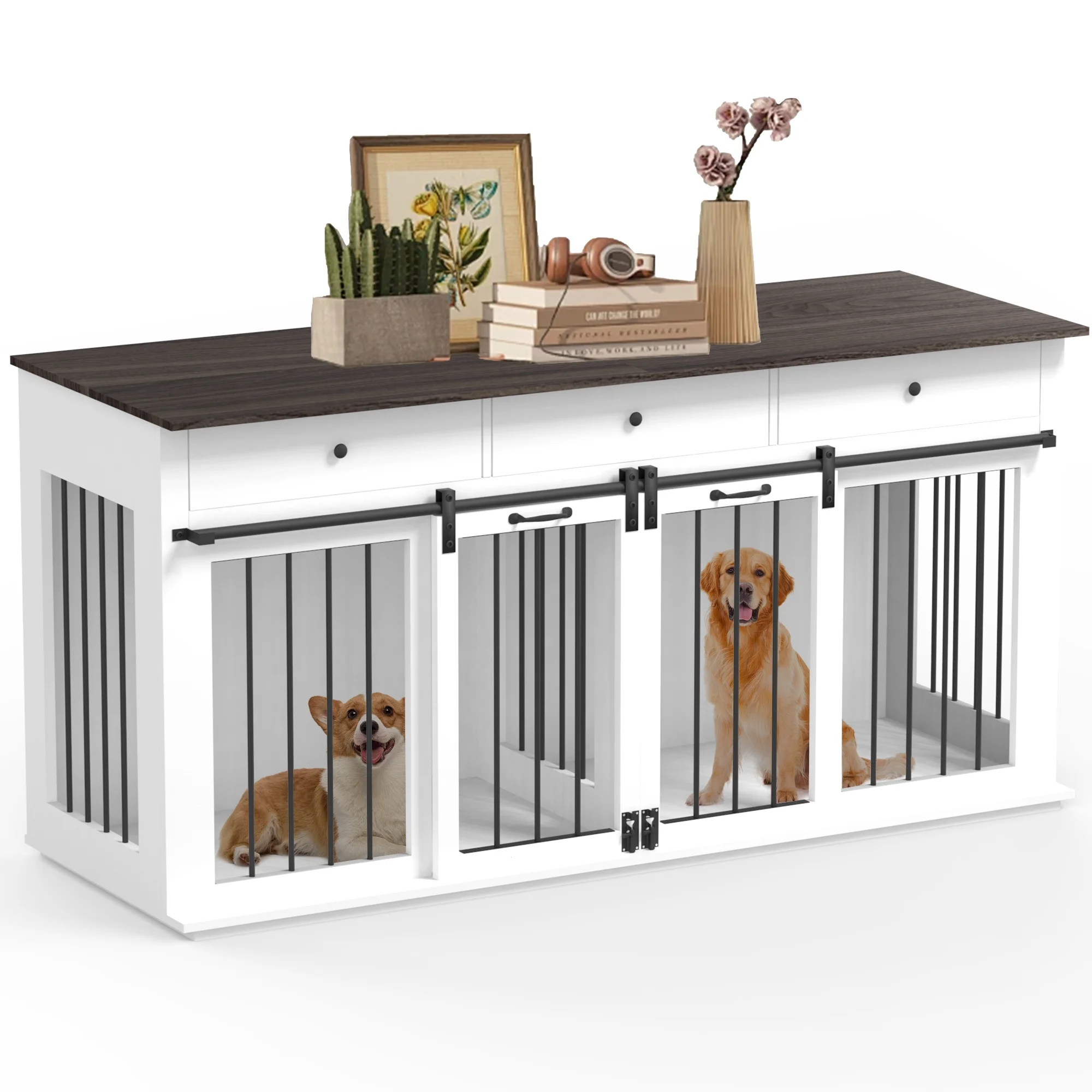 Large Dog Crate Furniture-Indoor Wooden Dog Kennel with Drawers Storage and Locks for Large or 2 Medium Dogs - Curated Treasures Market