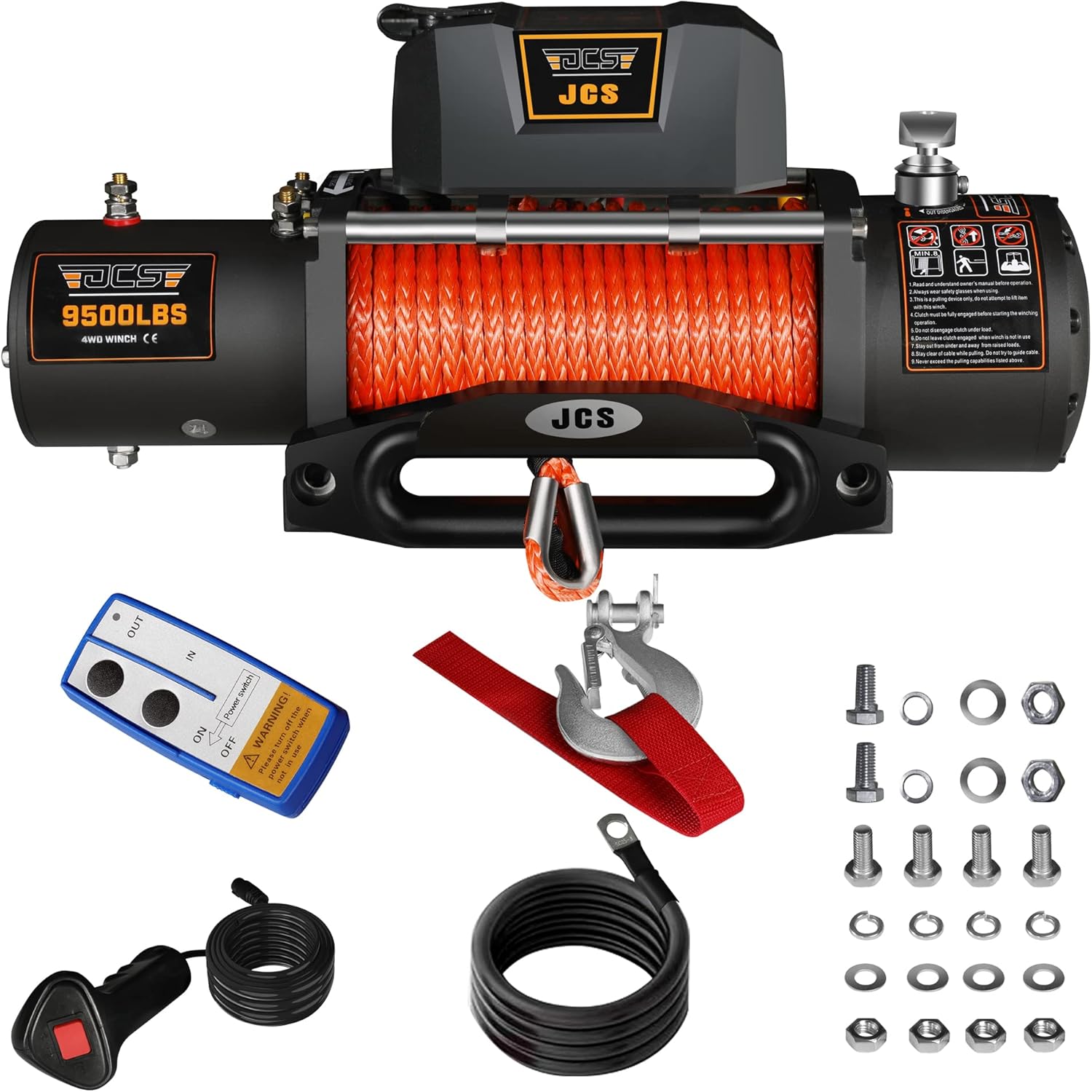 JCS 9500 lbs Electric Winch 12V Winch Synthetic Winch Rope Electric Winch Kit Winch Cover Waterproof Hawse Fairlead