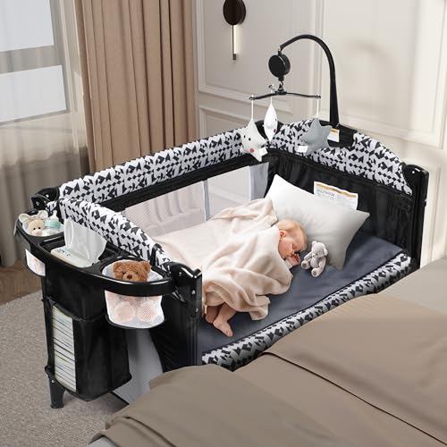 Xilingol 5-in-1 Pack and Play, Baby Bassinet Bedside Sleeper with Diaper Changer, Storage Bag & Music Box, Portable Baby Crib with Carry Bag