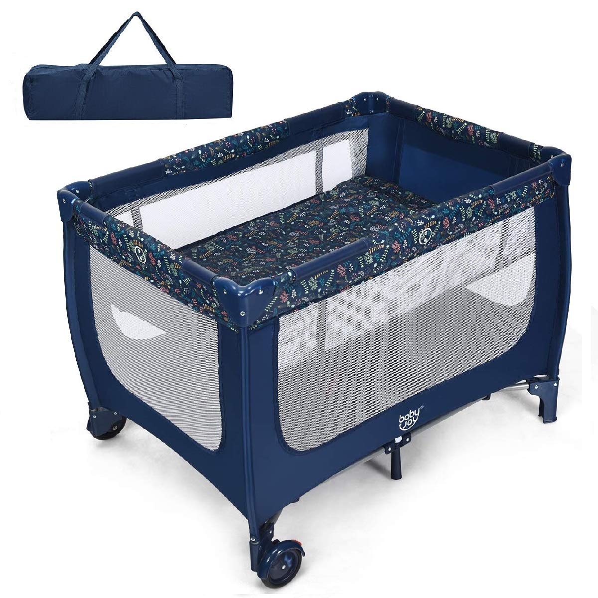 BABY JOY Foldable Baby Playard, Double Layer Pack n Play with Breathable Mattress, Universal Brake Wheel