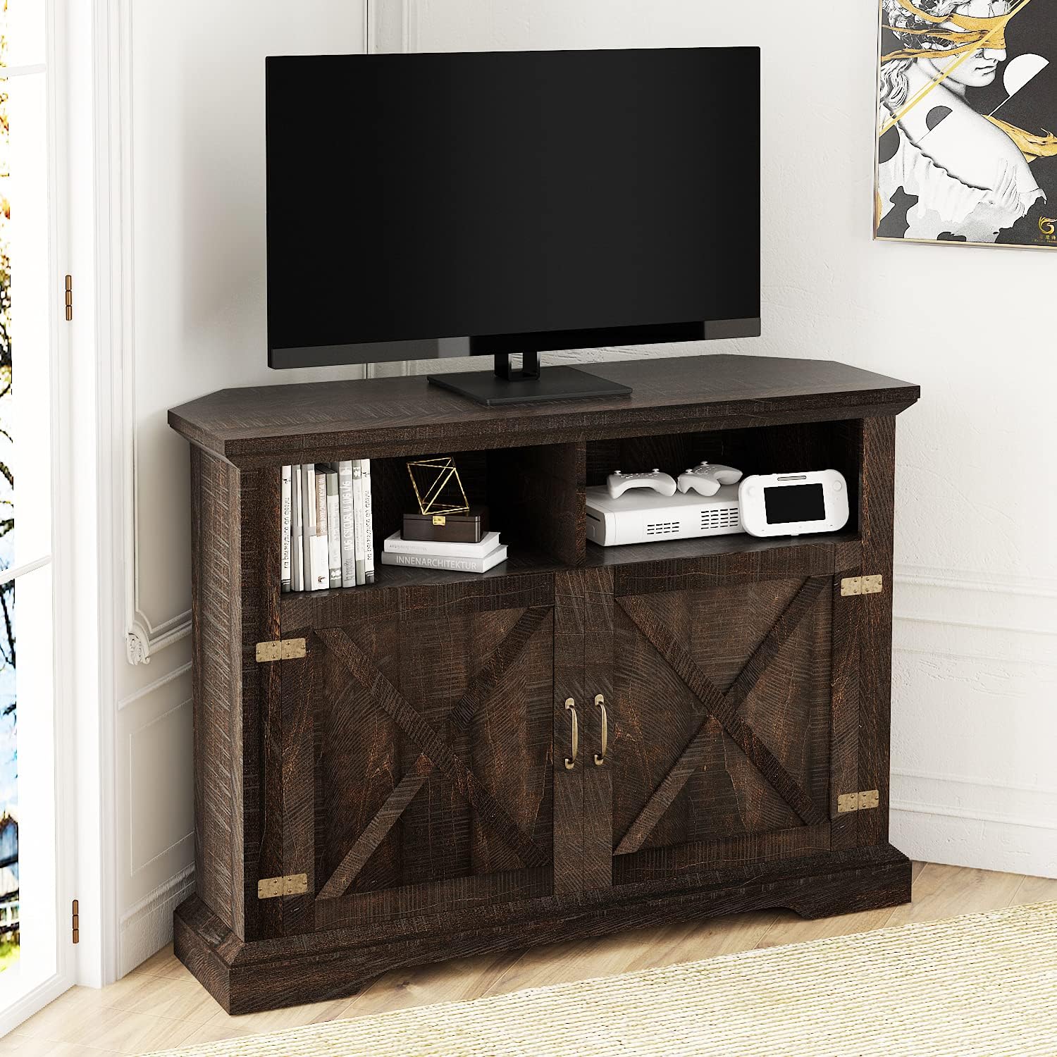 Allewie 44'' Farmhouse Corner TV Stand for TVs Up to 50 Inches, Modern Buffet Cabinet with Double Doors & Adjustable Shelves for Living Room