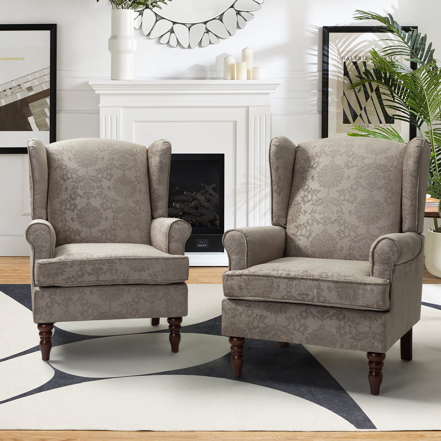 Wooden Upholstered Armchair Set of 2, with Wingback Lounge Sofa Accent Chair Turned Legs for Home Living Room & Bedroom, Brocade