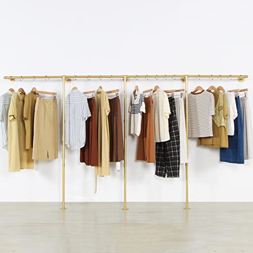 Wall Mounted Gold pipe clothing rack with 3 T-Bar Design and Nano Gold Finish with 2 Wooden Shelves Heavy Duty Wall Mounted Gold Iron Garment Bar for