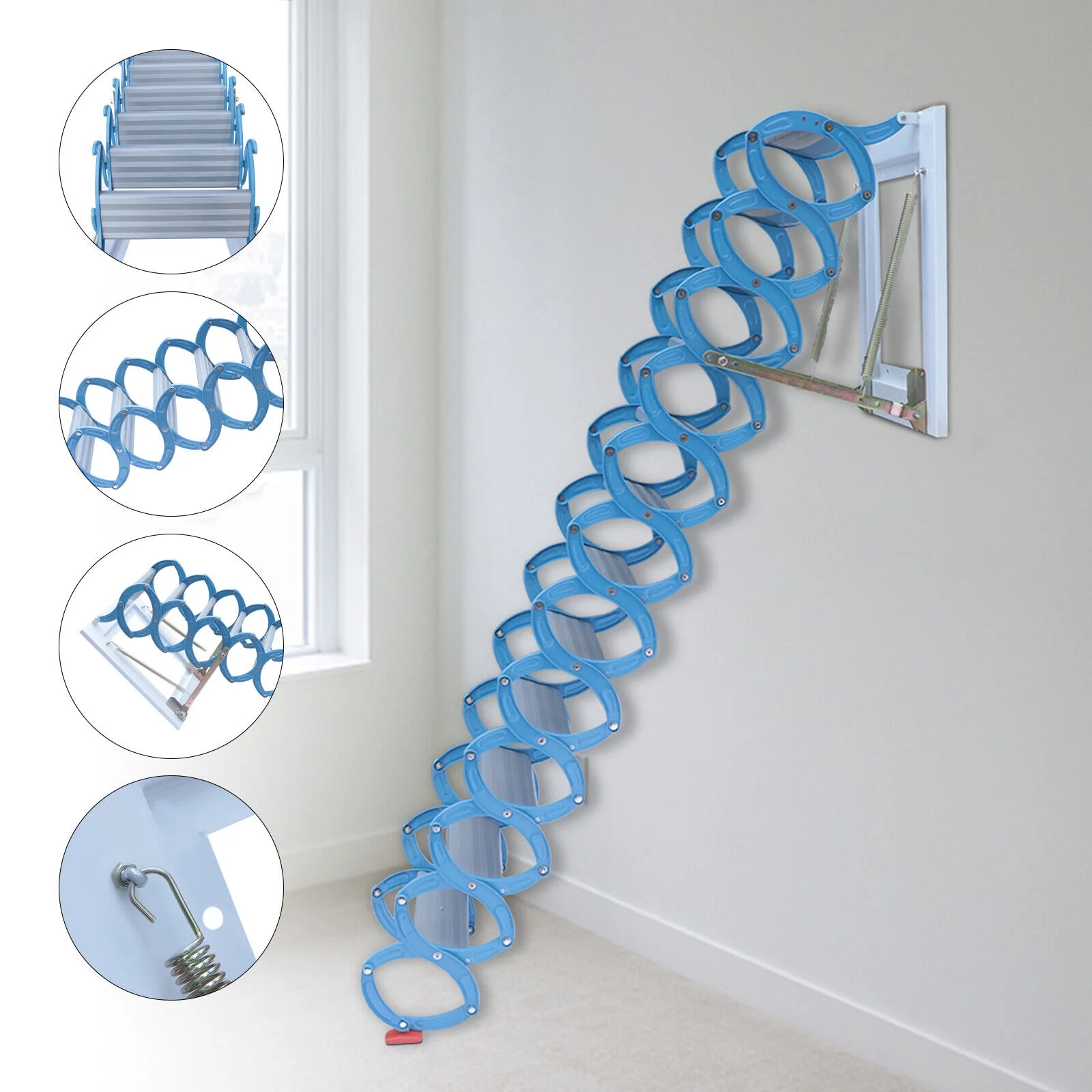 Fichiouy 12 Steps Pulldown Attic Stairs 12.5ft Wall Mounted Folding Loft Wall Ladder Blue