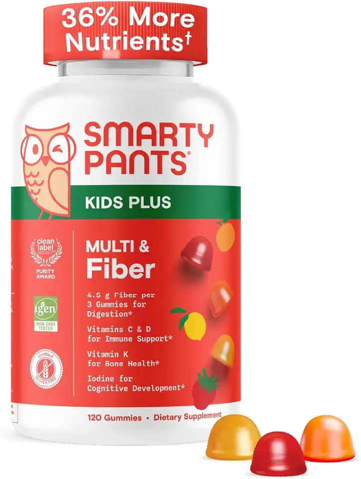 SmartyPants Kids Multivitamin & Fiber Gummies: Prebiotic Fiber to Support Kids Digestion with Vitamin D3, C, Vitamin B12, B6, A, Zinc, Biotin, Folate