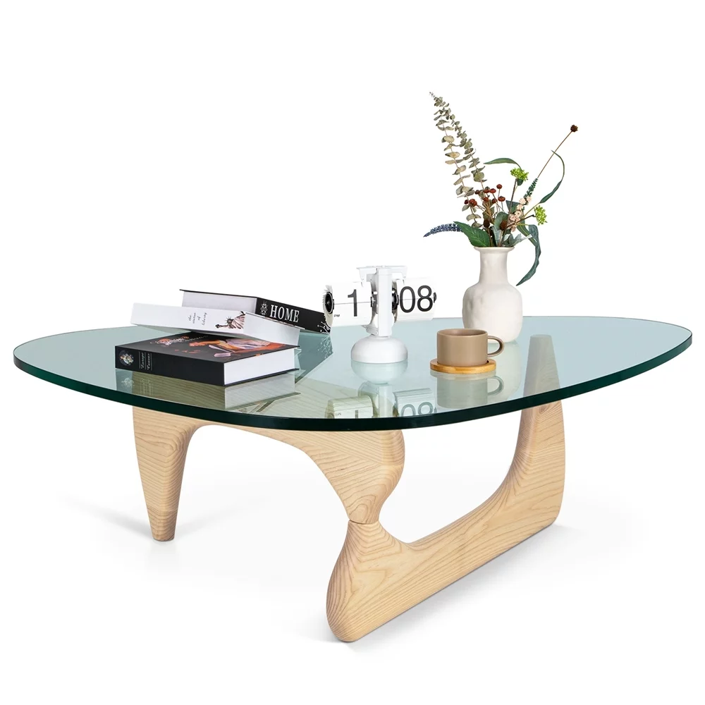 Mid Century End Table Triangle Tempered Glass Coffee Table Solid Wooden Base for Living Room Patio,Nature Wood Color
