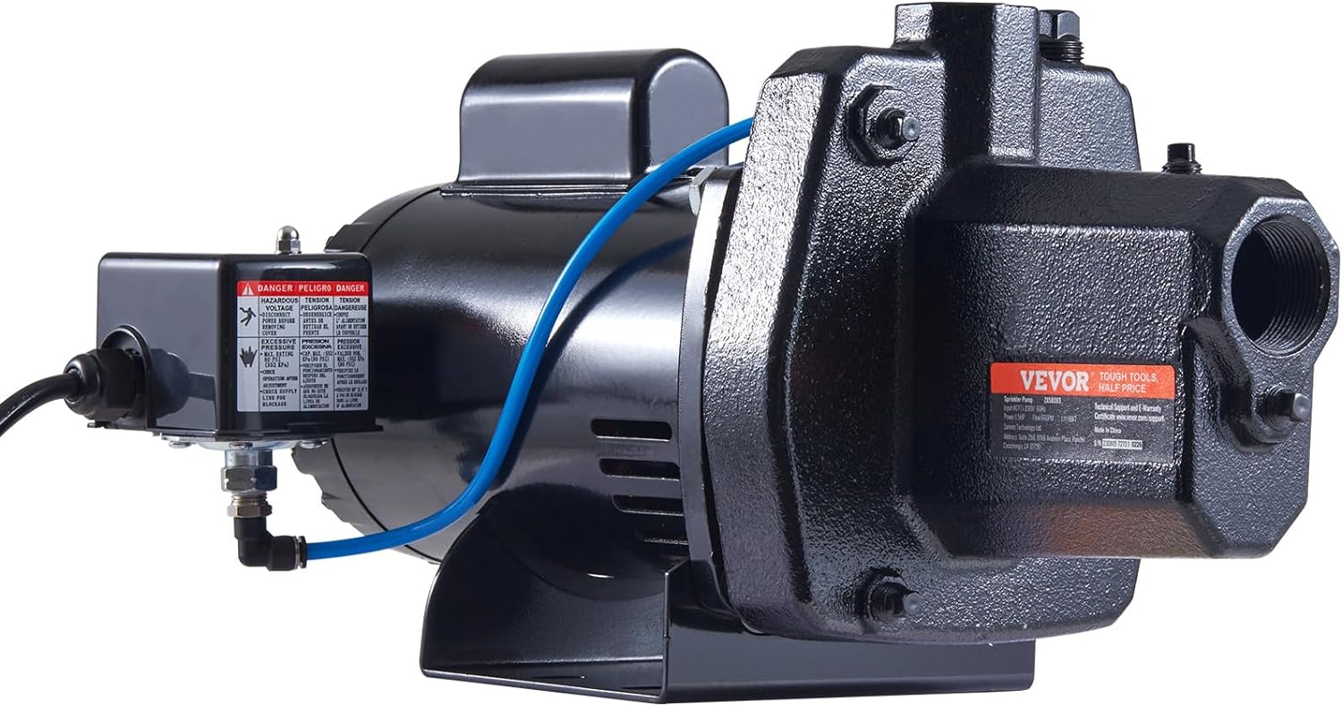 VEVOR 1.5 HP Cast Iron Sprinkler/Irrigation Pump, 115/230 Volt, 66 GPM 3450 RPM Shallow Well Jet Water Pump Booster