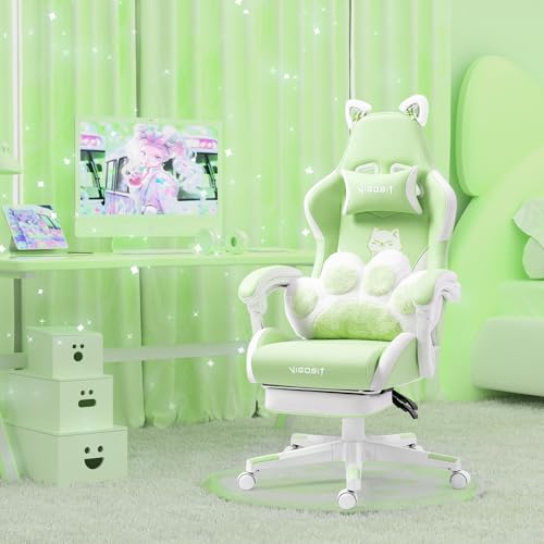Cute Gaming Chair with Cat Paw Lumbar Cushion and Cat Ears, Ergonomic Computer Chair with Footrest, Reclining PC Game Chair for Girl, Teen, Blue