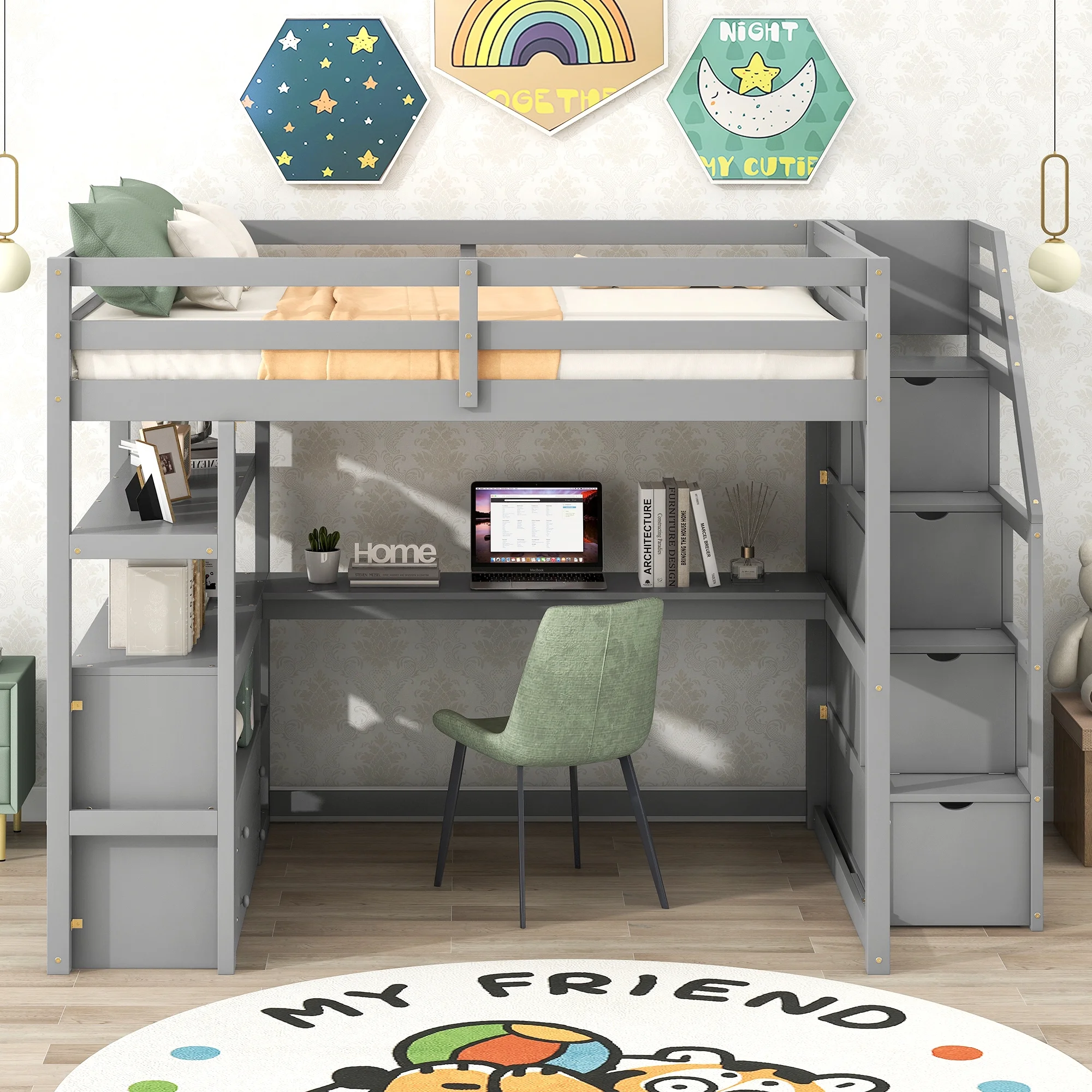 Loft Bed with Desk & Storage Stairs Wood Loft Beds with Two Built-in Drawers, High Loft Bed Frame with Step for Kids, Juniors